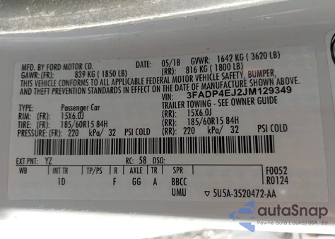 2018 Ford Fiesta Se z USA, uszkodzony, nr VIN 3FADP4EJ2JM129349